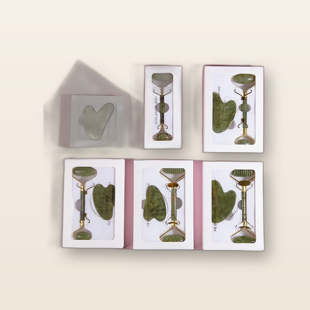 Natural green jade roller and gua sha set by Glow Ritual