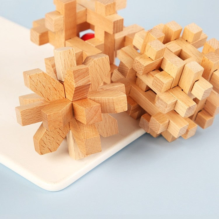 Wooden brain teaser puzzle set by Glow Ritual