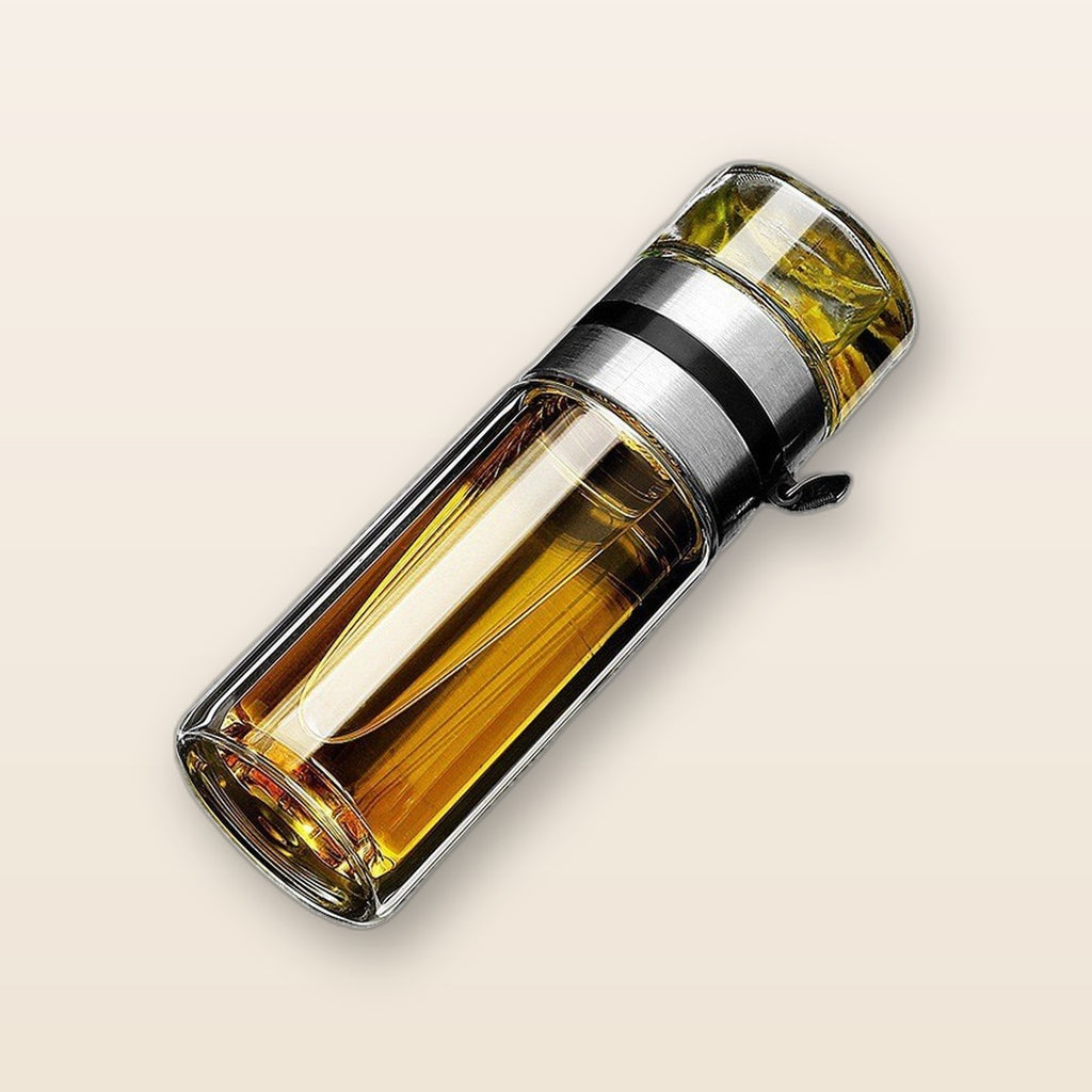 Double-wall glass tea infuser bottle by Glow Ritual