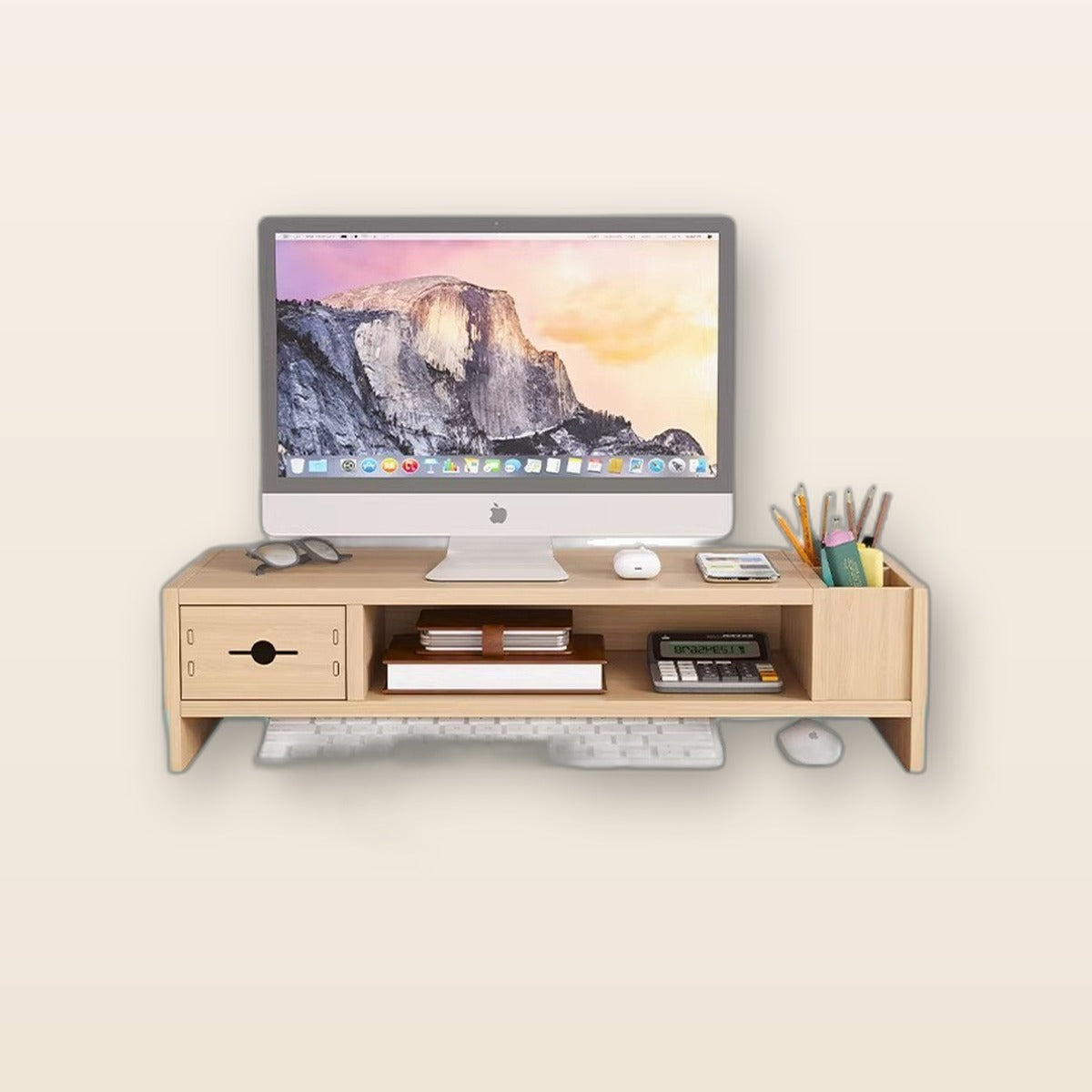 Wooden monitor stand with drawer by Glow Ritual