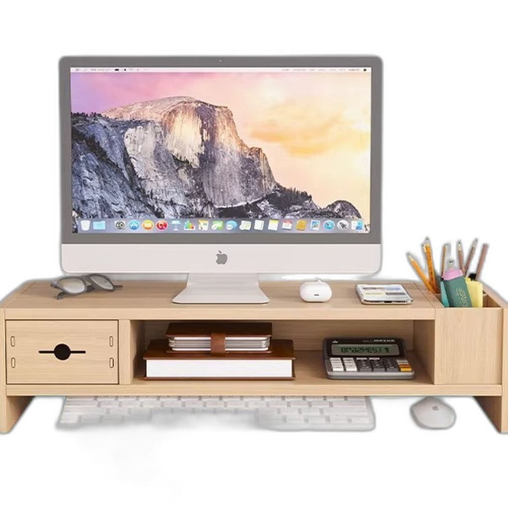 Wooden monitor stand with drawer by Glow Ritual
