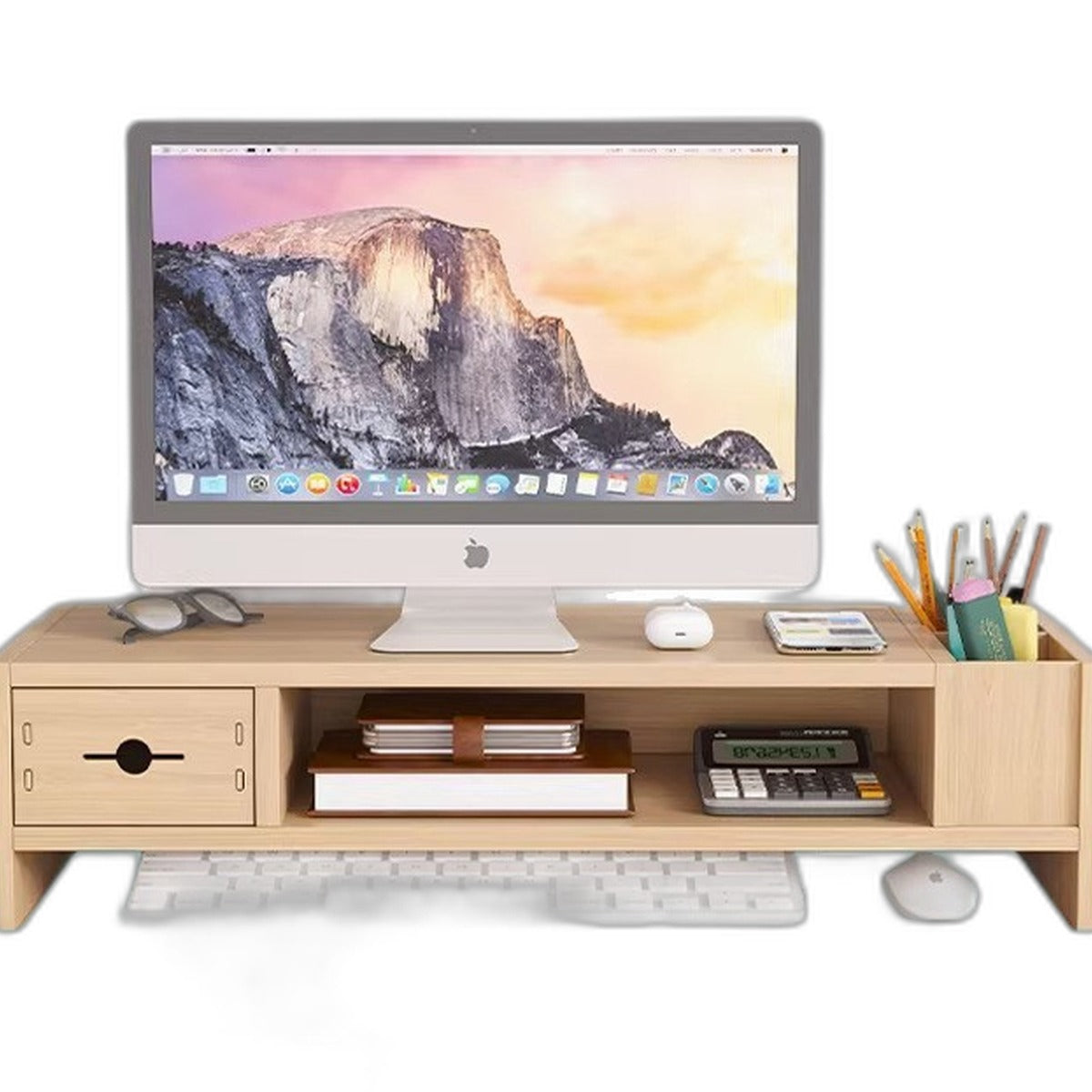 Wooden monitor stand with drawer by Glow Ritual