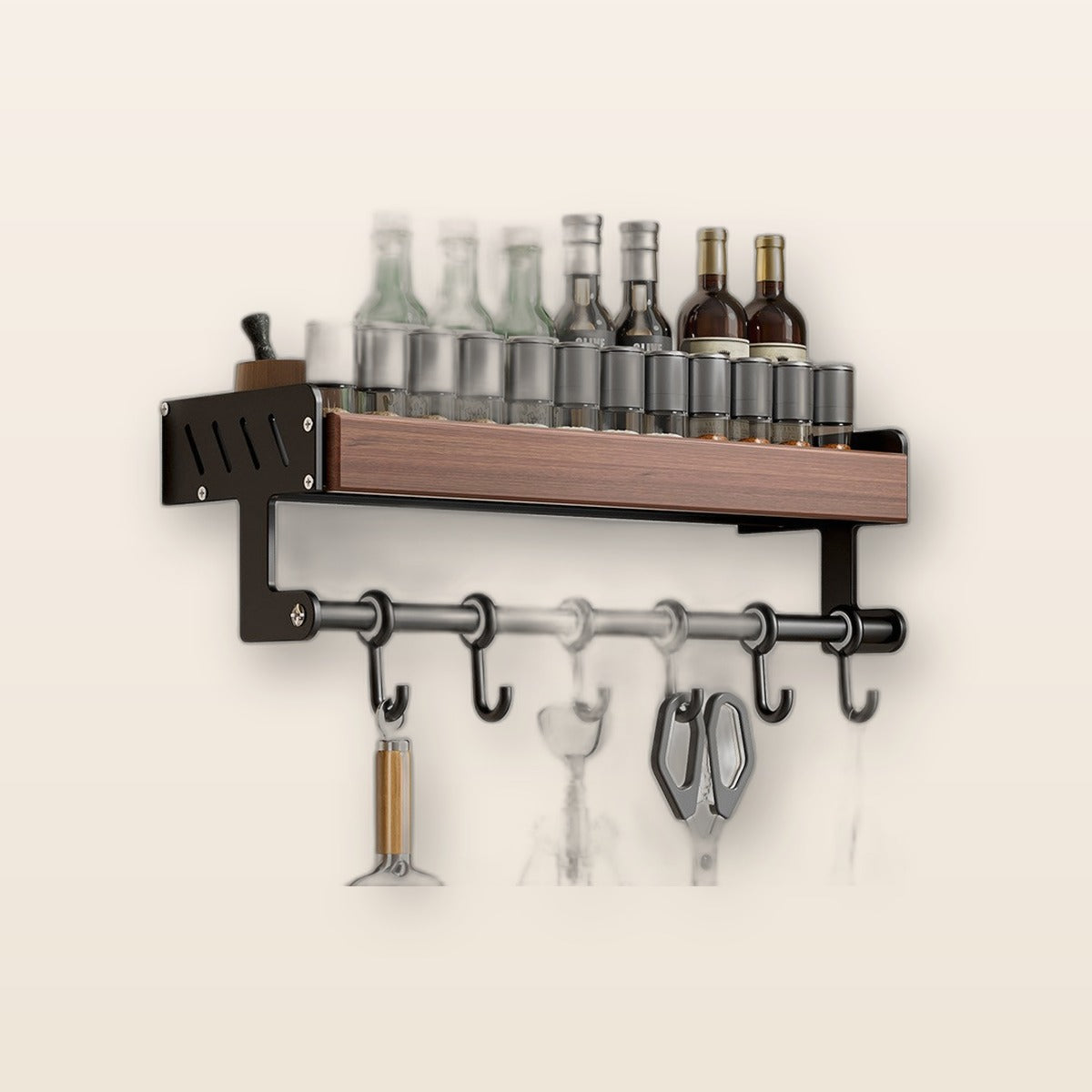 Walnut wall shelf with hooks by Glow Ritual