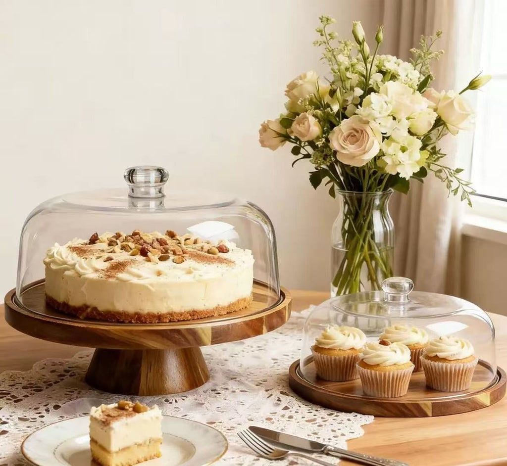 Wooden cake stand with dome by Glow Ritual