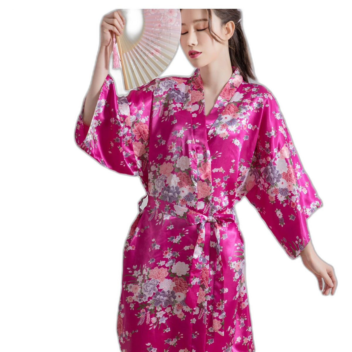 Floral satin kimono robe by Glow Ritual