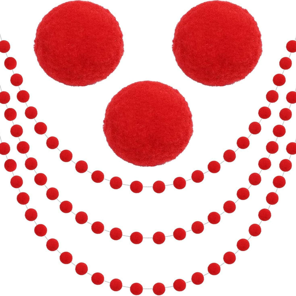 Red felt pom pom garland strands on white background