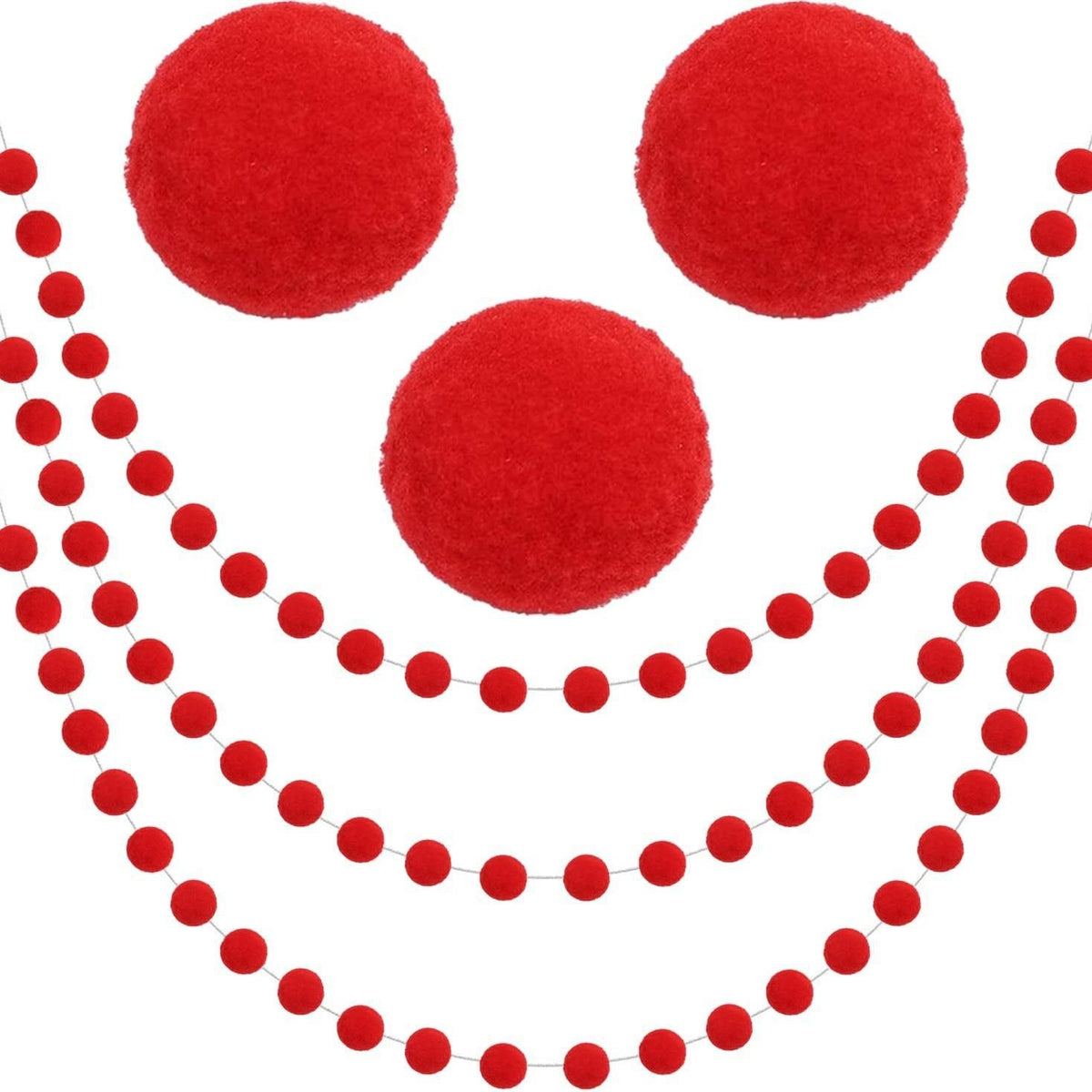 Red felt pom pom garland strands on white background