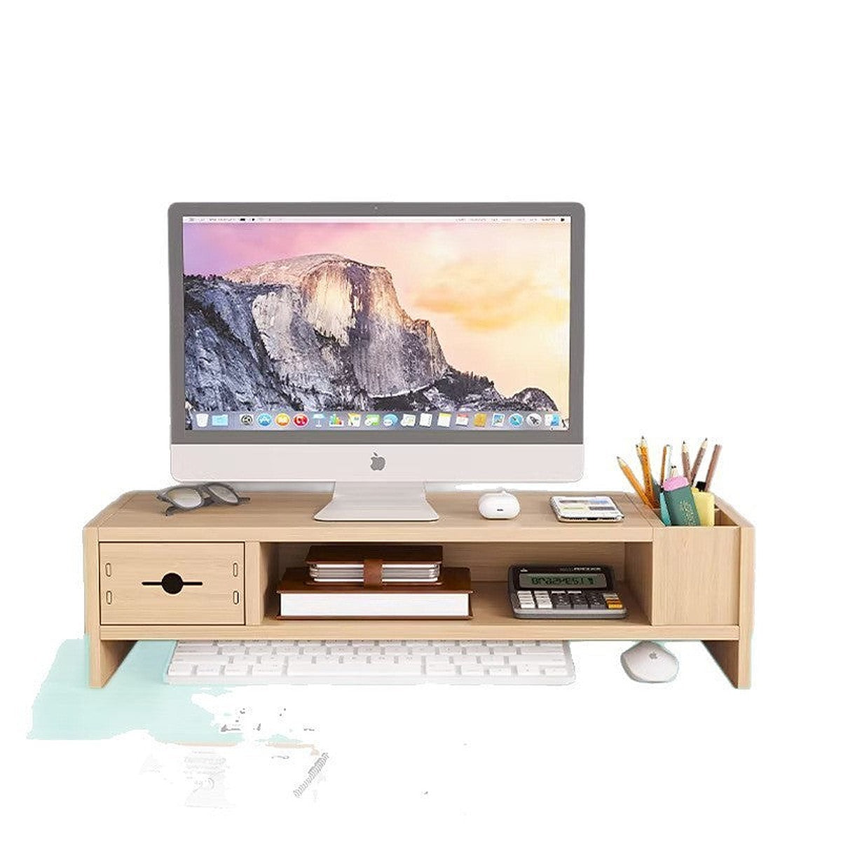 Wooden monitor stand with drawer by Glow Ritual