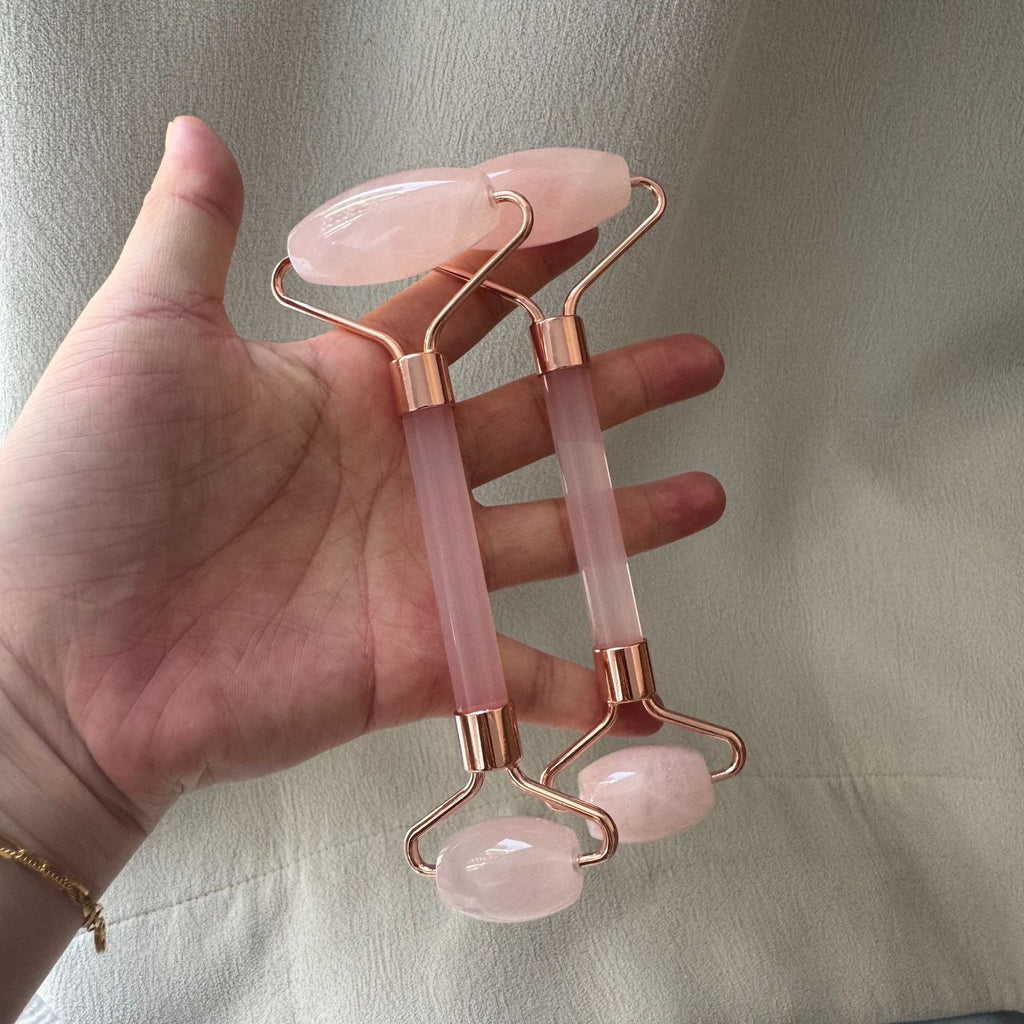 Rose quartz gua sha and face roller set by Glow Ritual