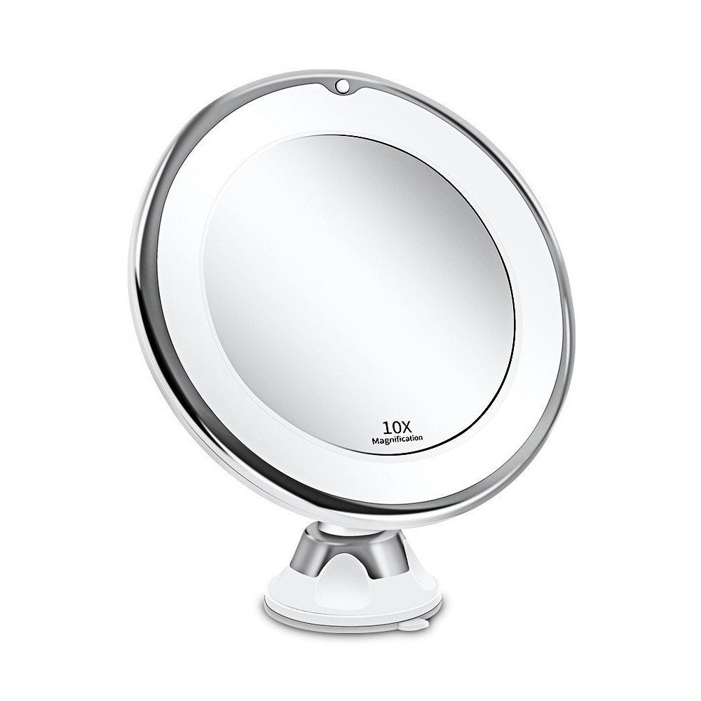 10x magnifying mirror with LED light and suction cup, front view