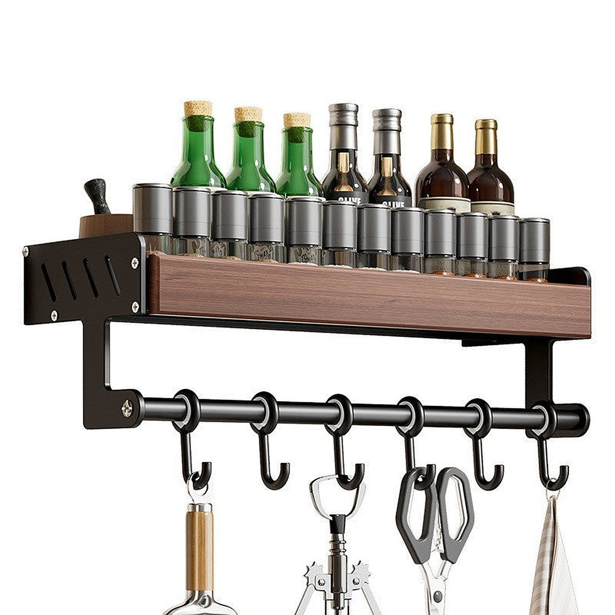 Walnut wall shelf with hooks by Glow Ritual