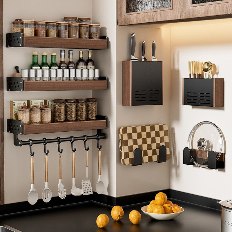 Walnut wall shelf with hooks by Glow Ritual